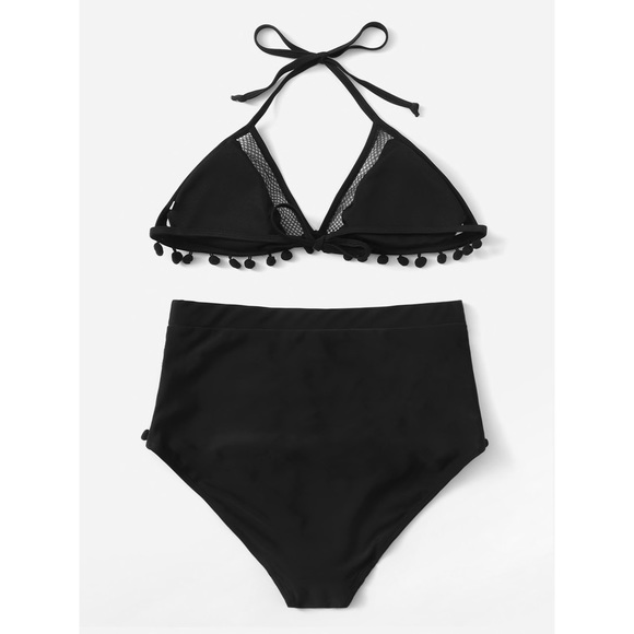 Pom pom high waisted bikini black mesh swimsuit - Picture 4 of 4